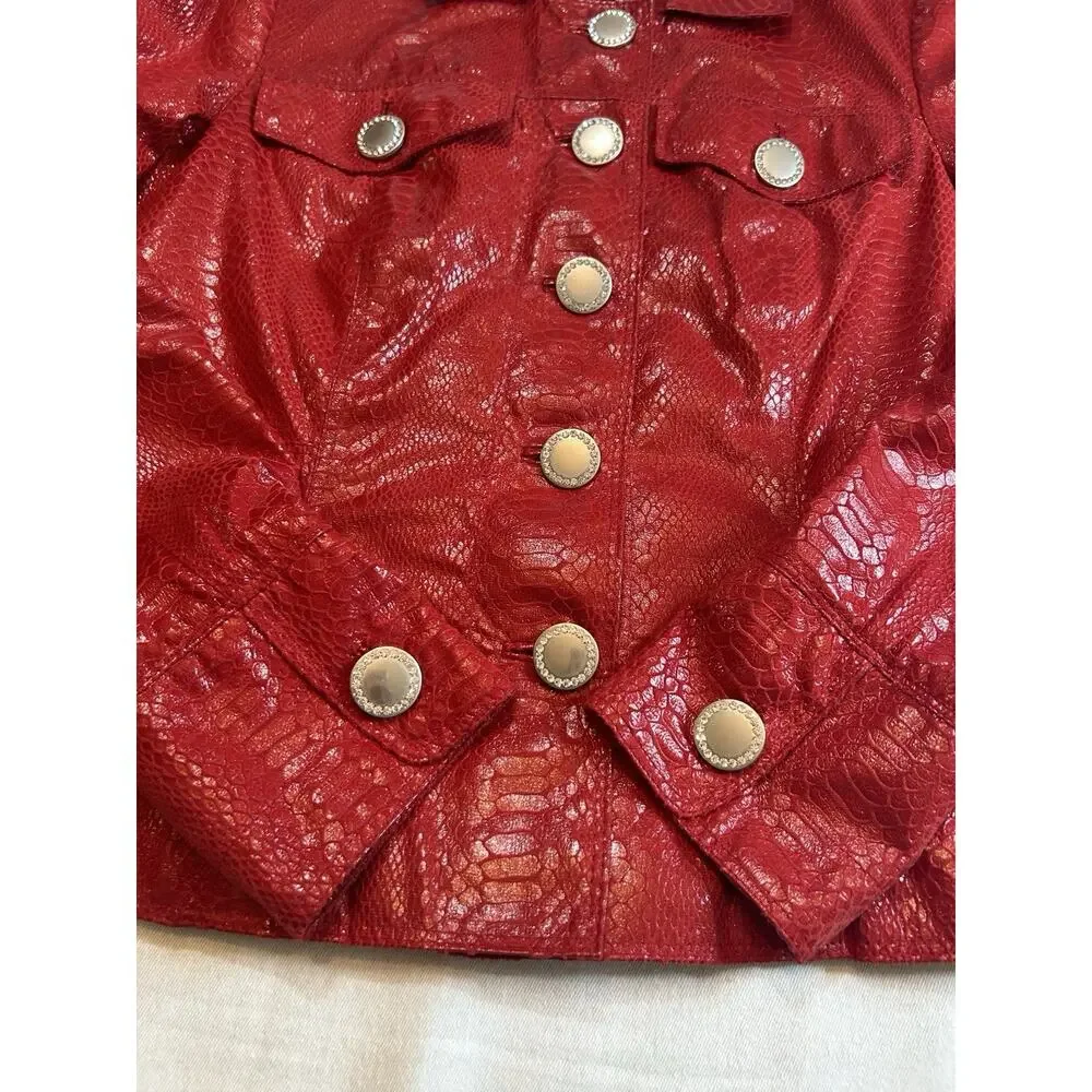 Just B Shiny‎ Red Metallic Jacket w/Decorative Buttons Small Snakeskin Print
